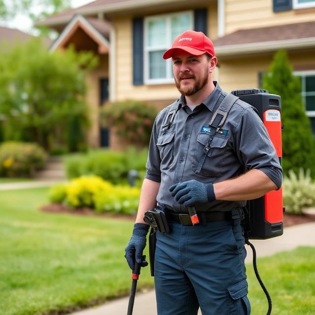 Pest control technician standing outside a residential property